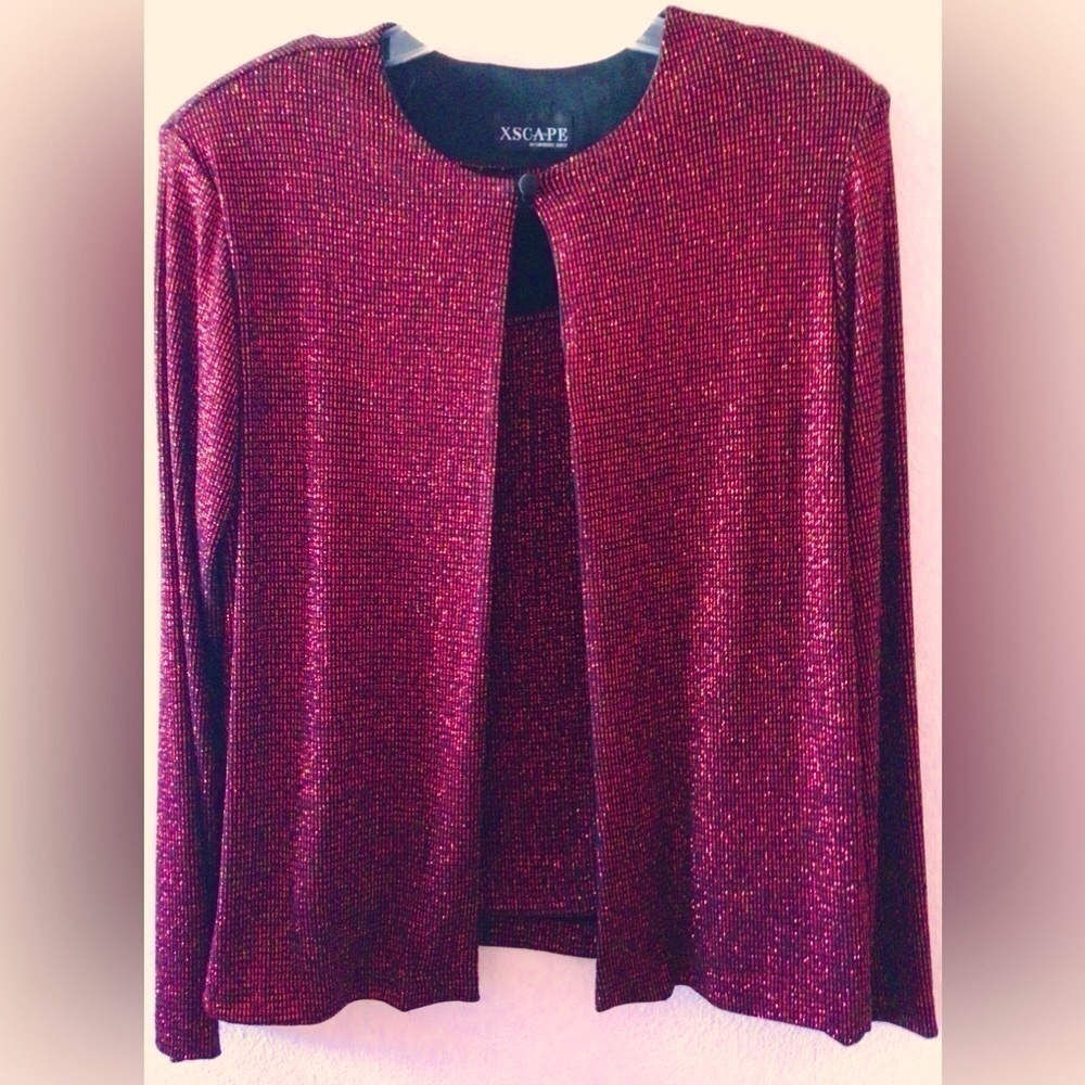 Xscape red black sparkle cami and cardigan size Large EUC